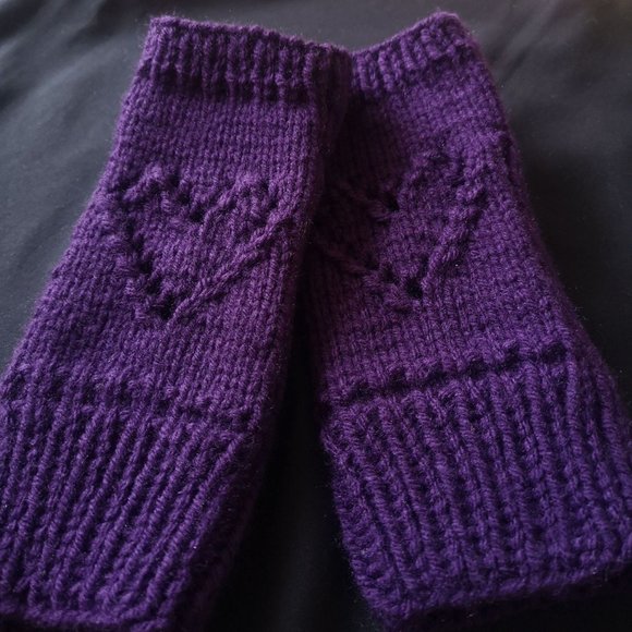 Purple Handmade Valentines Ajour Knit Fingerless Texting Gloves Mittens - Picture 7 of 7